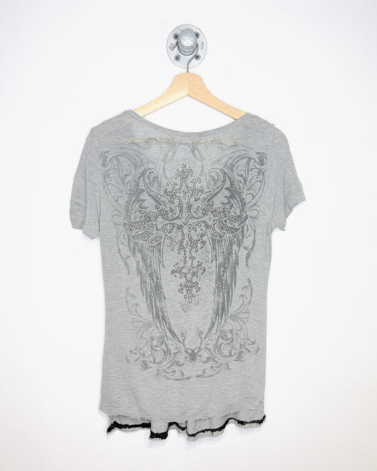 Y2K Women’s Affliction Style Grey V-Neck Shirt