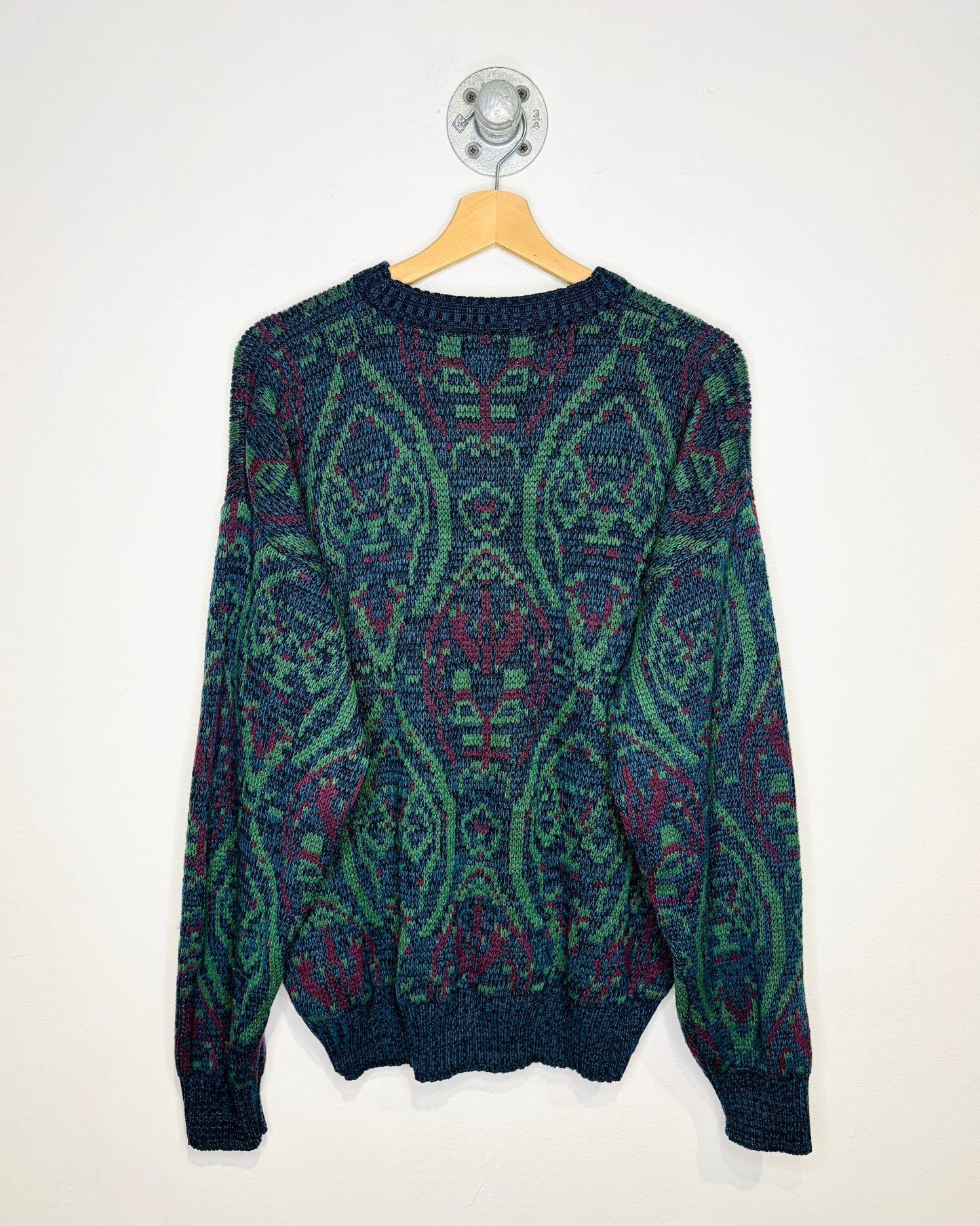 Vintage 1990s Union Pier Green And Burgundy Patterned Acrylic Sweater