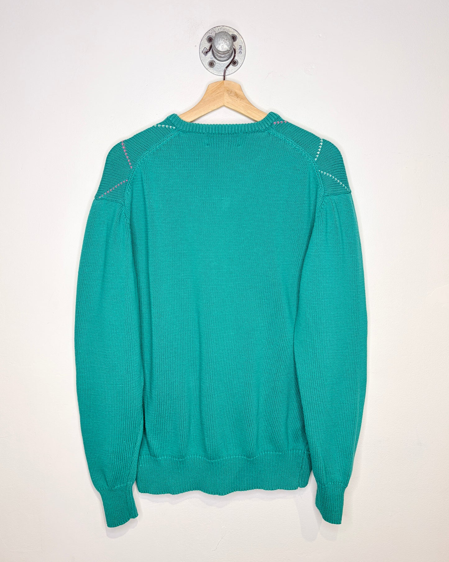 Vintage 90s La Mude Teal Argyle Print V-Neck Sweater