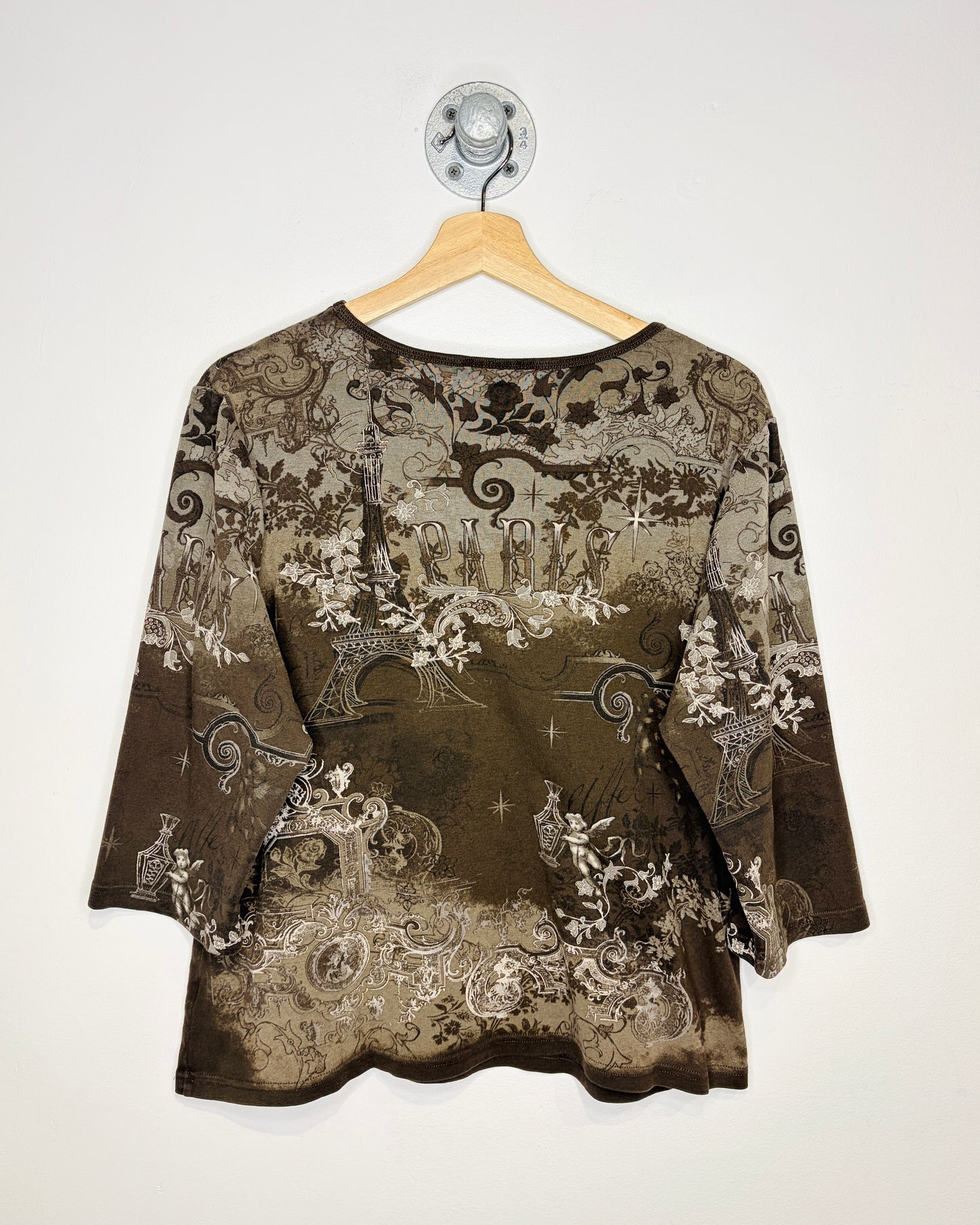 Vintage Y2K Women’s CJ Banks Paris AOP Earth Tone Longsleeve Shirt