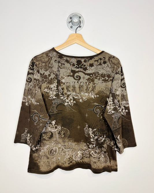 Vintage Y2K Women’s CJ Banks Paris AOP Earth Tone Longsleeve Shirt
