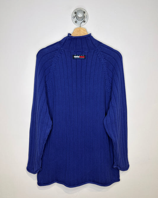 2000s Tommy Hilfiger Blue Cable Knit Roll Neck Sweater