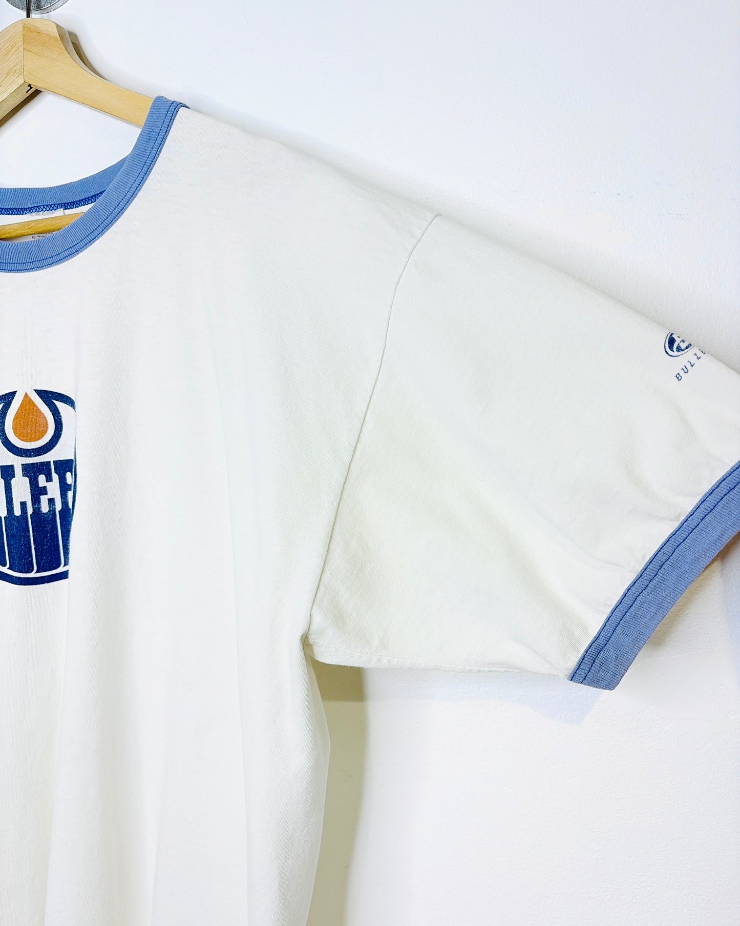Vintage 90s Bulletin Edmonton Oilers White & Faded Blue Ringer Tee Shirt