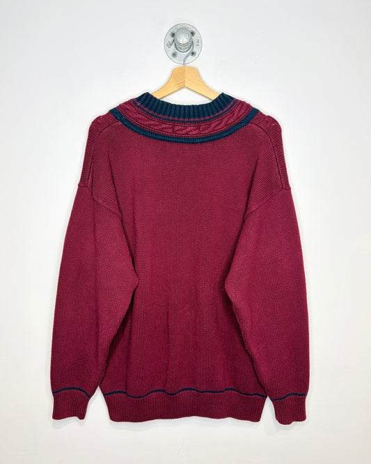 Vintage 90s John Ashford Navy & Red Cable Knit V-Neck Sweater