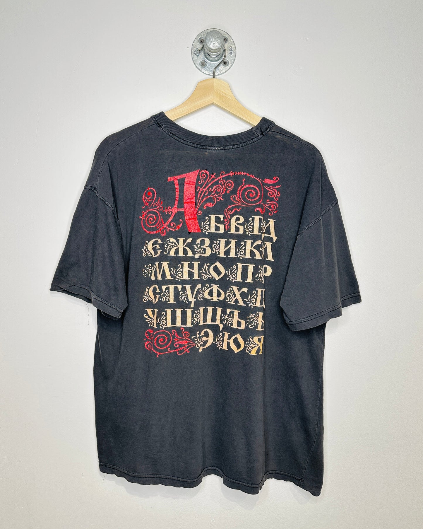 Vintage Russian Alphabet Faded Black Paper Thin Tee Shirt