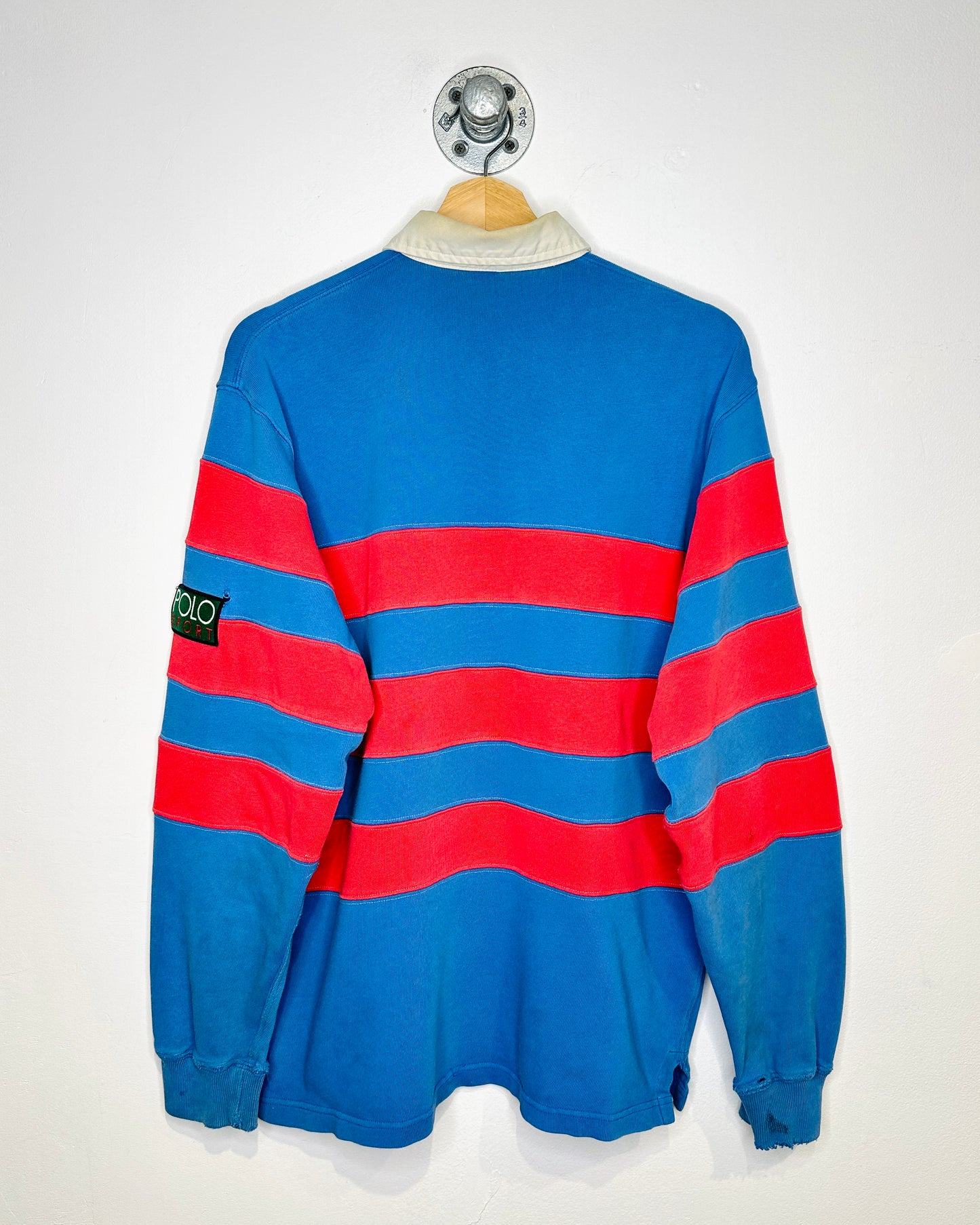 Vintage 1990s Polo Ralph Lauren Blue And Red Distressed Rugby Shirt