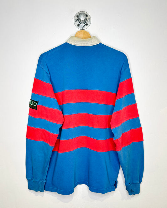 Vintage 1990s Polo Ralph Lauren Blue And Red Distressed Rugby Shirt