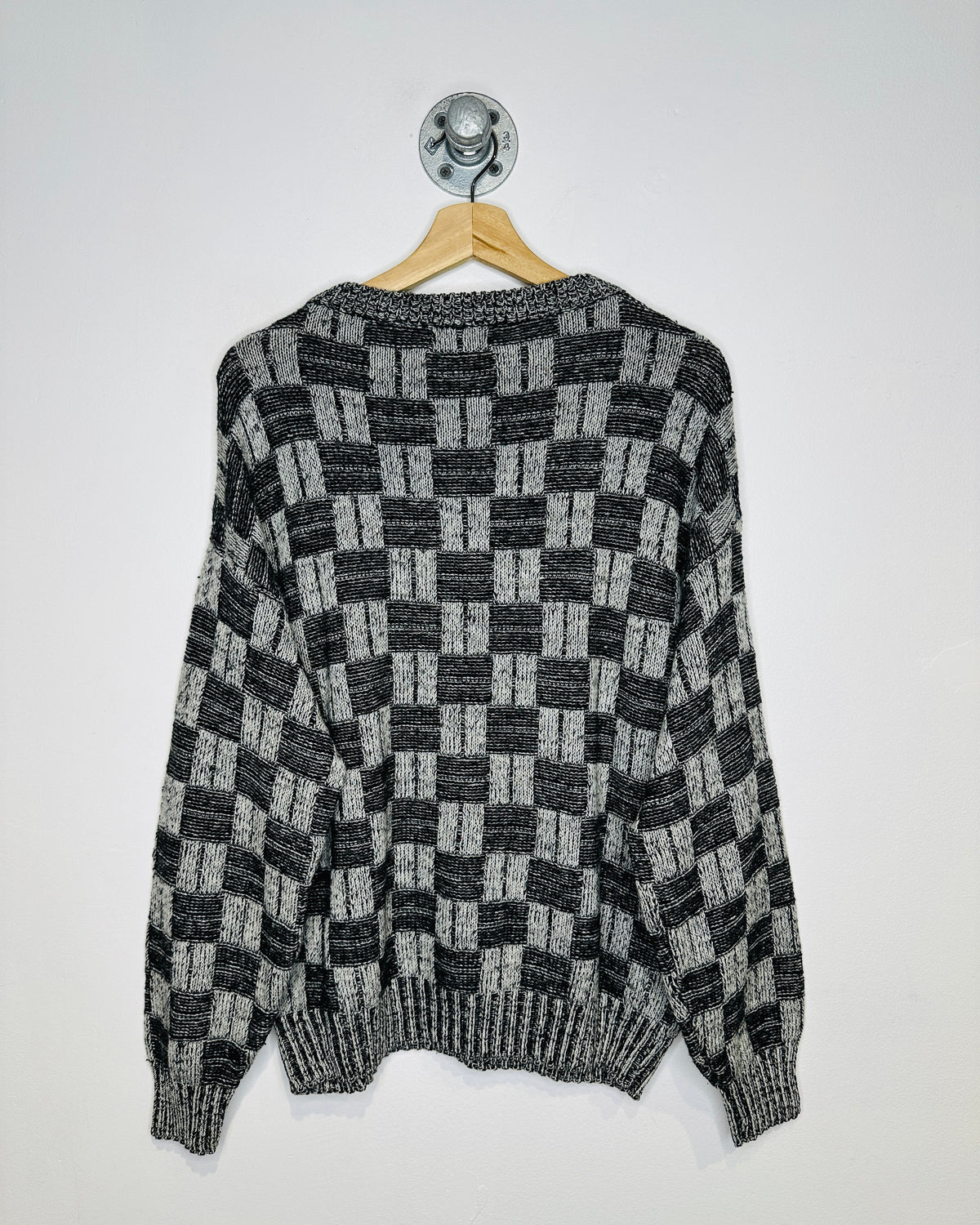 Vintage 1980s Expressions Square Patterned Grey And Black Acrylic Sweater