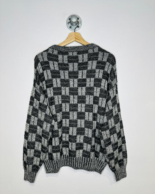 Vintage 1980s Expressions Square Patterned Grey And Black Acrylic Sweater