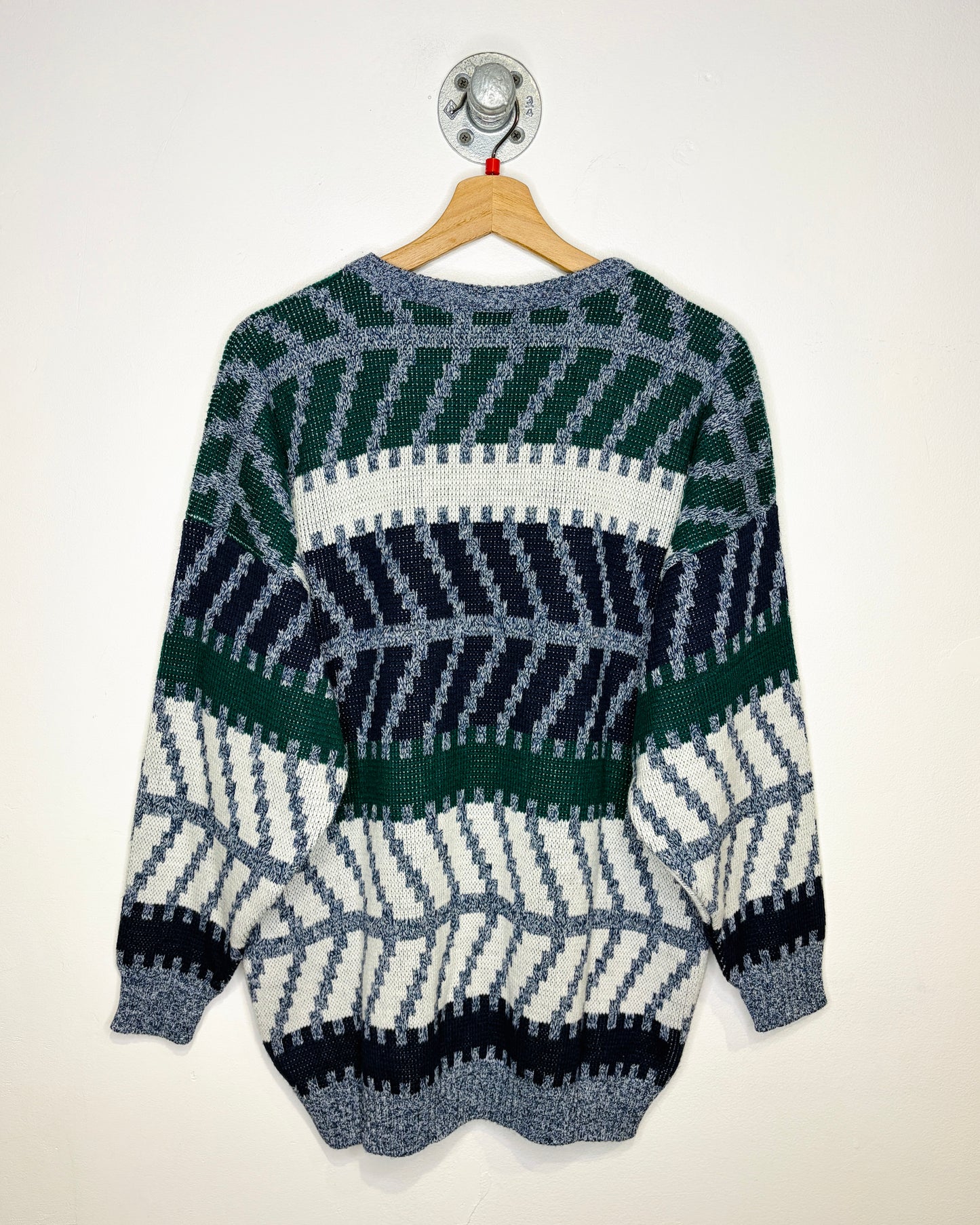 Vintage 1980s 19th Avenue Green And Navy And White Abstract Print Sweater
