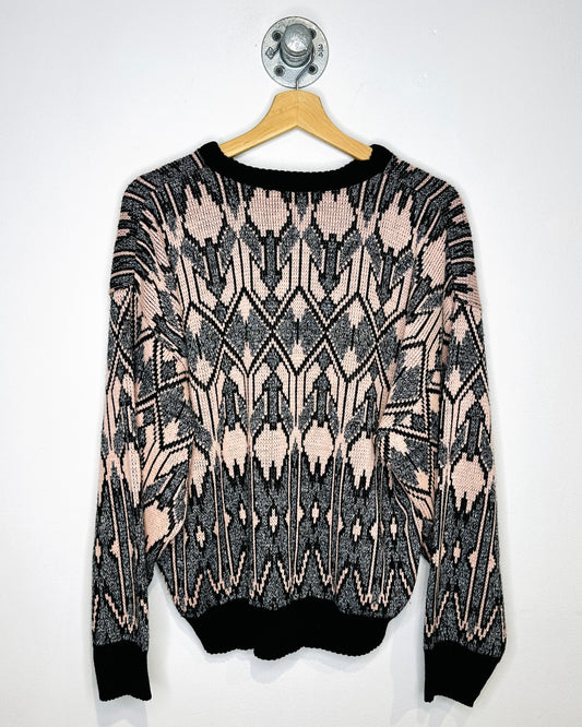 Vintage 90s Boxy Club Europe Abstract Black & Pink Knit Sweater