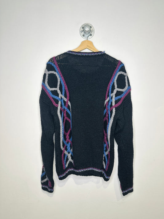 Vintage 1970s Black Purple Blue Cable Knit Sweater