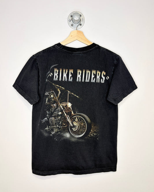 Vintage Y2K Grim Reaper Bike Riders Faded Black Tee Shirt