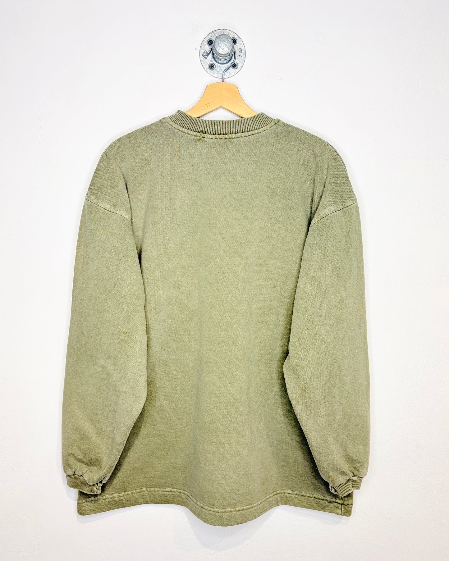 Vintage 1990s Faded Olive Green Henley Crewneck Sweatshirt