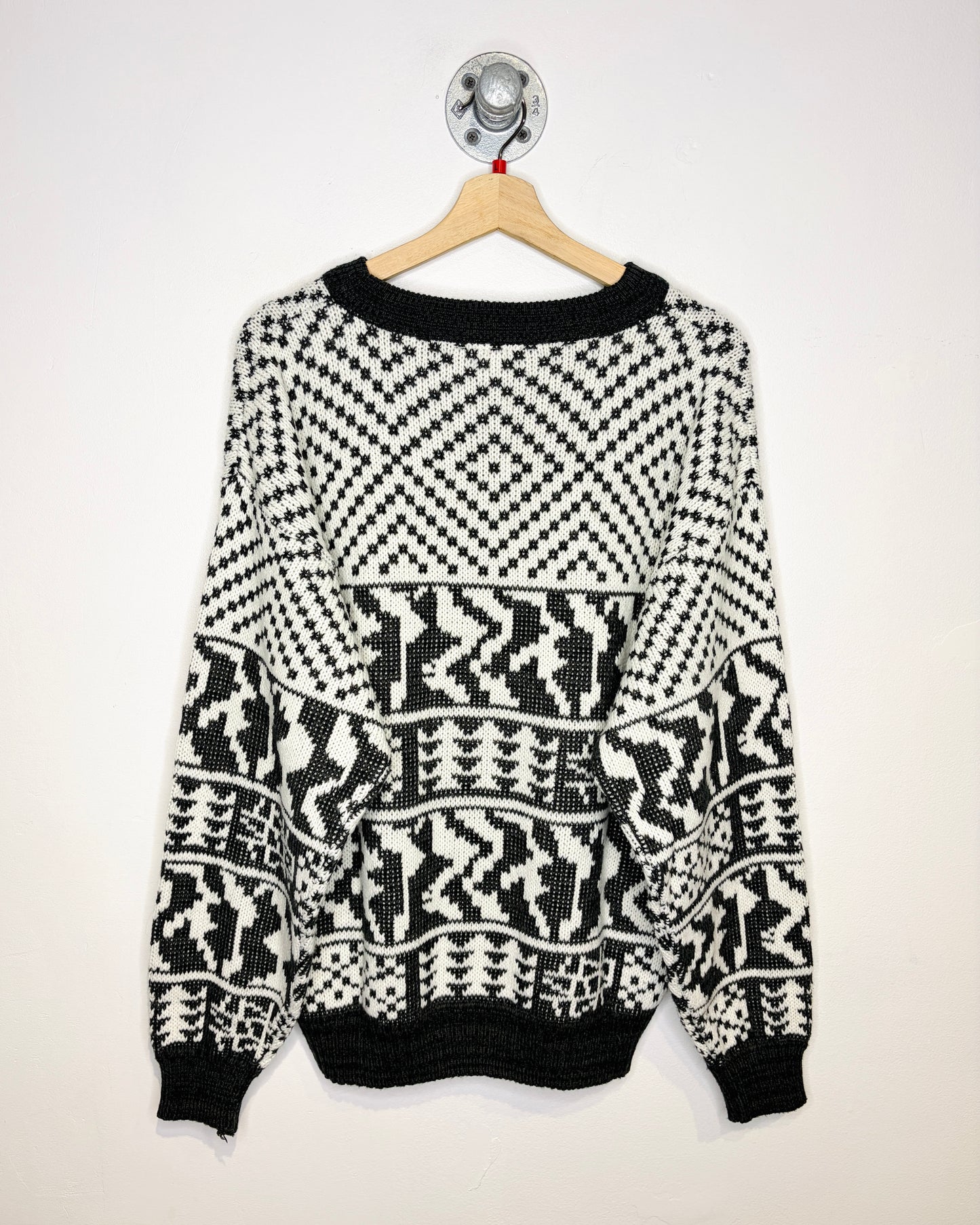 Vintage Late 1980s Abstract Printed Acrylic Black And White Sweater