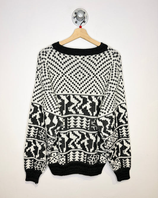 Vintage Late 1980s Abstract Printed Acrylic Black And White Sweater