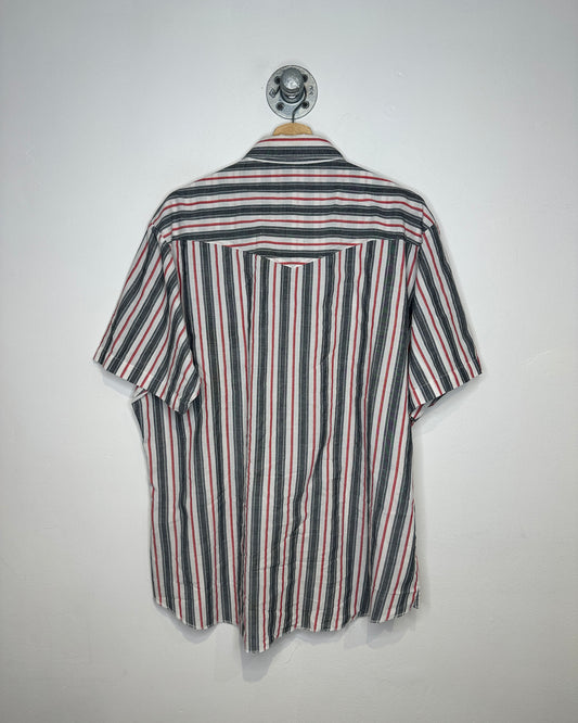 2000s Wrangler Red and Grey Striped Short Sleeve Snap Button Shirt