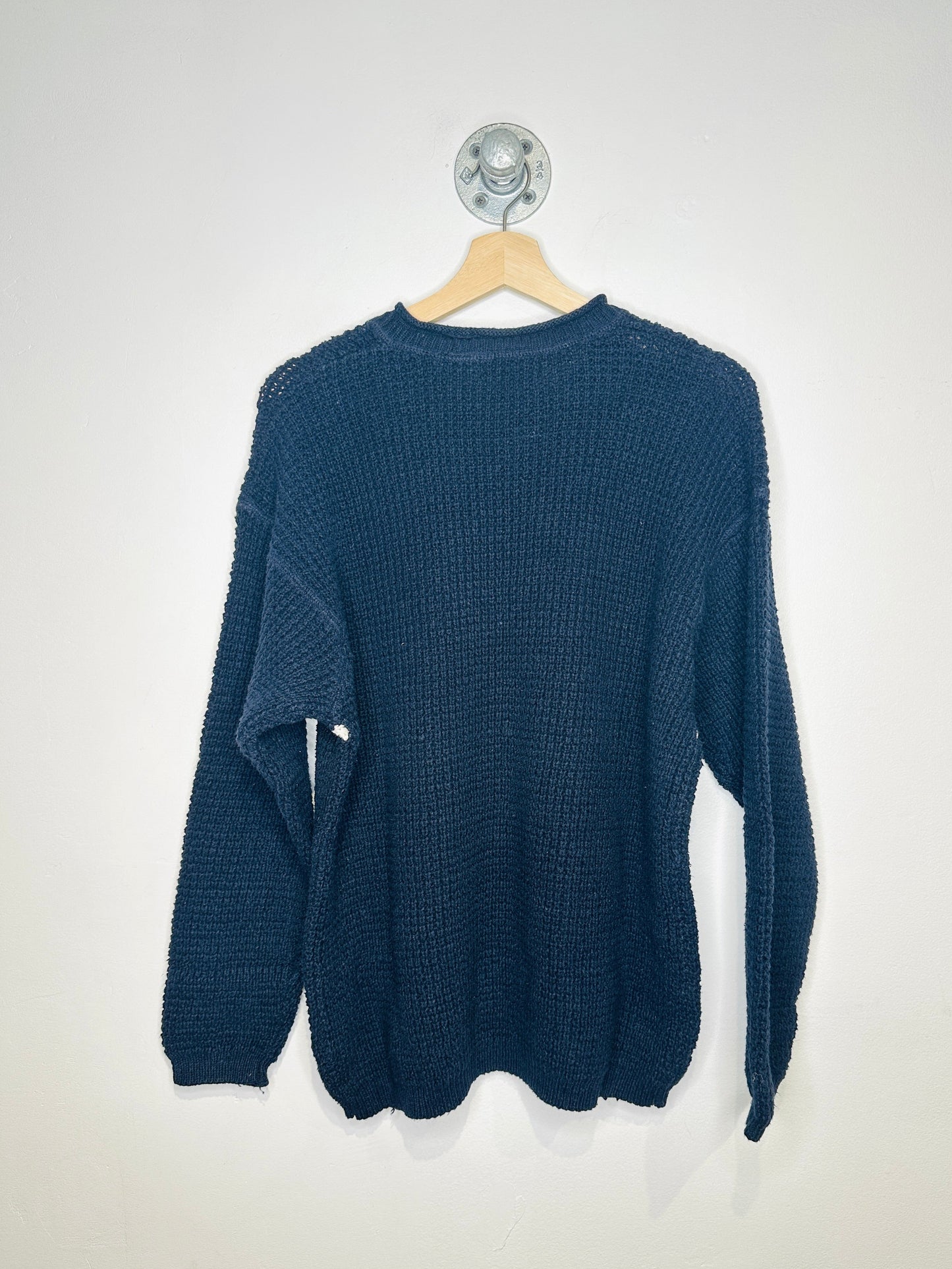 Vintage 2000s Navy And White Three Stripe V Neck Cable Knit Sweater