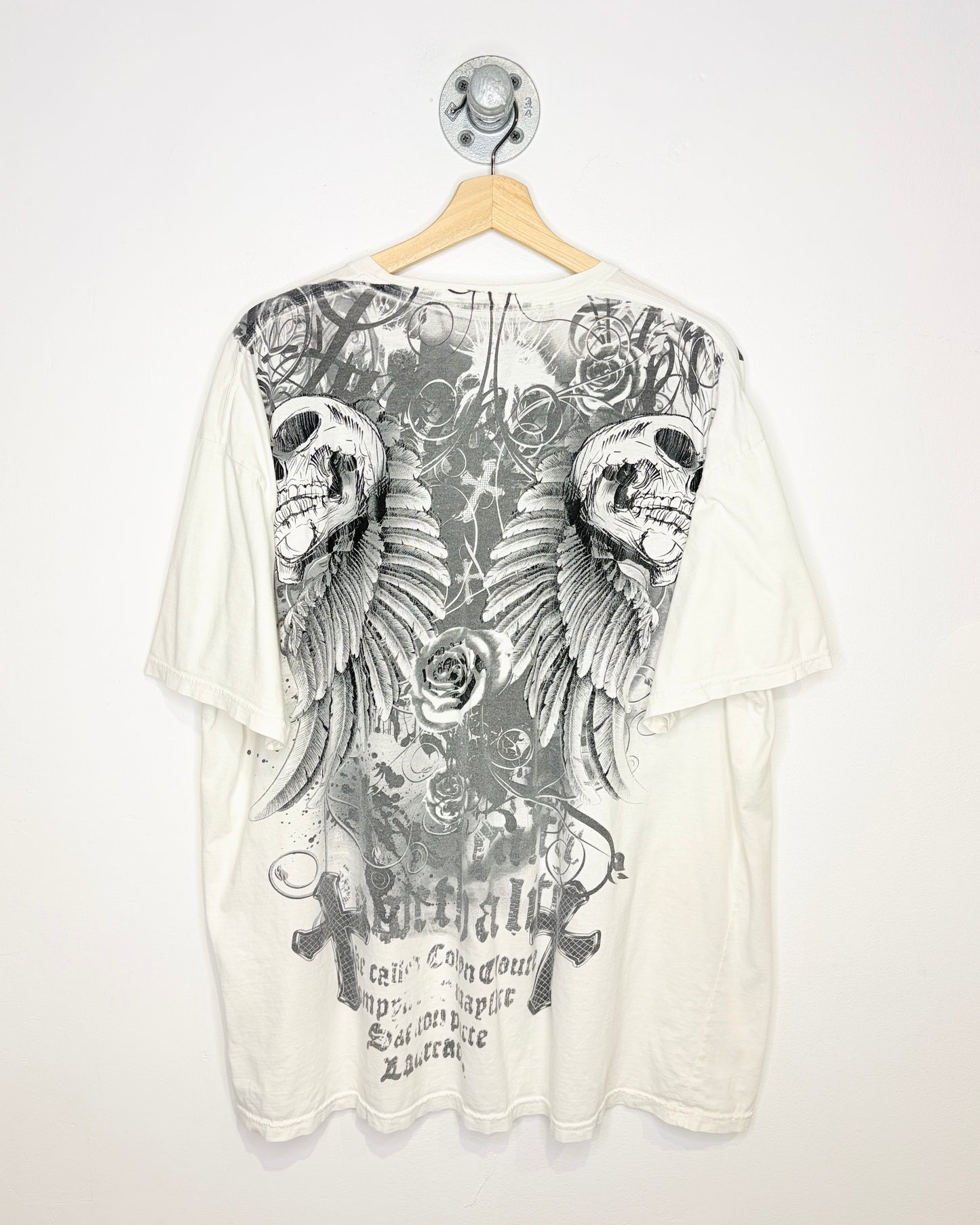 Vintage Y2K Carbon Black Affliction Style White Tee Shirt