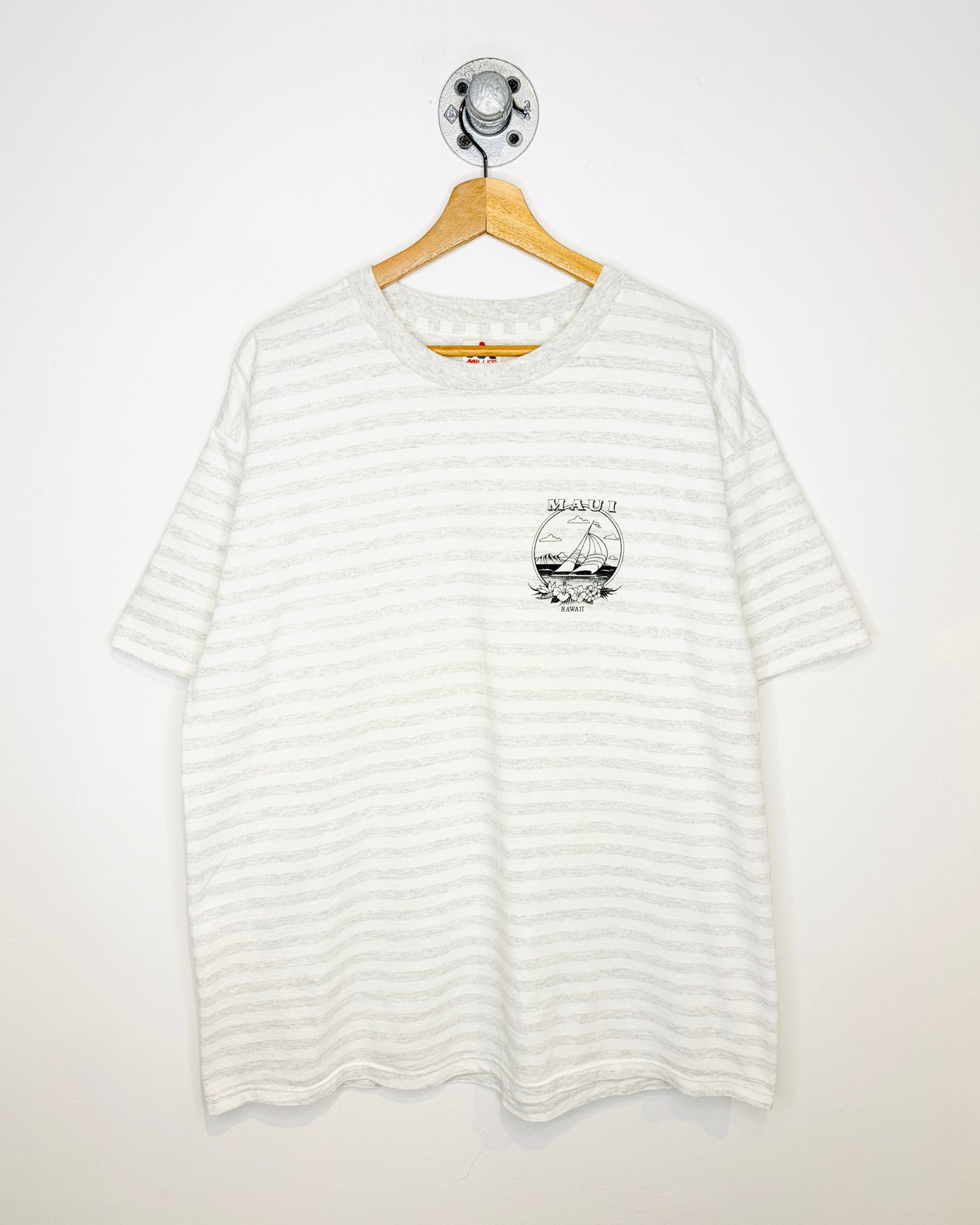 Vintage 90s Maui Hawaii Grey & White Striped Tee Shirt