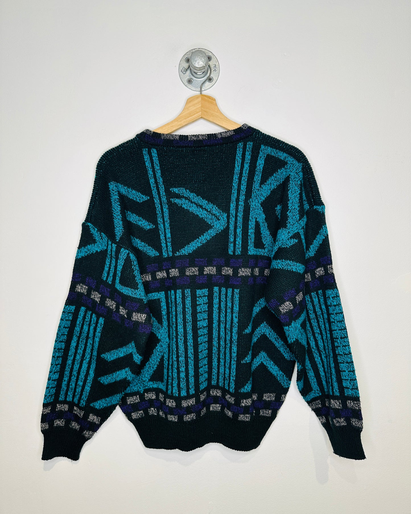 Vintage 1980s K. Cosa Acrylic And Leather Geometric Patterned Sweater
