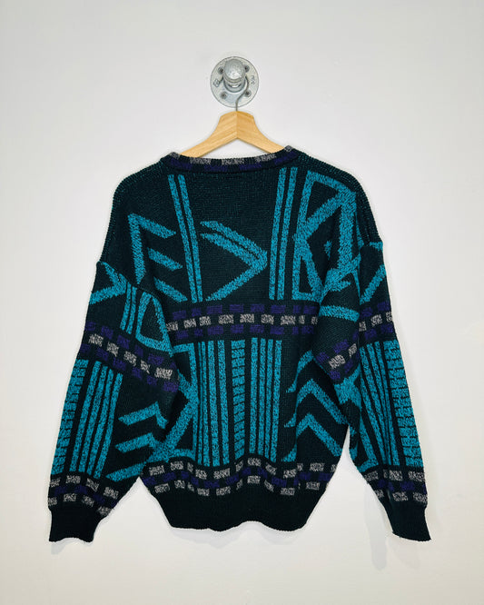 Vintage 1980s K. Cosa Acrylic And Leather Geometric Patterned Sweater
