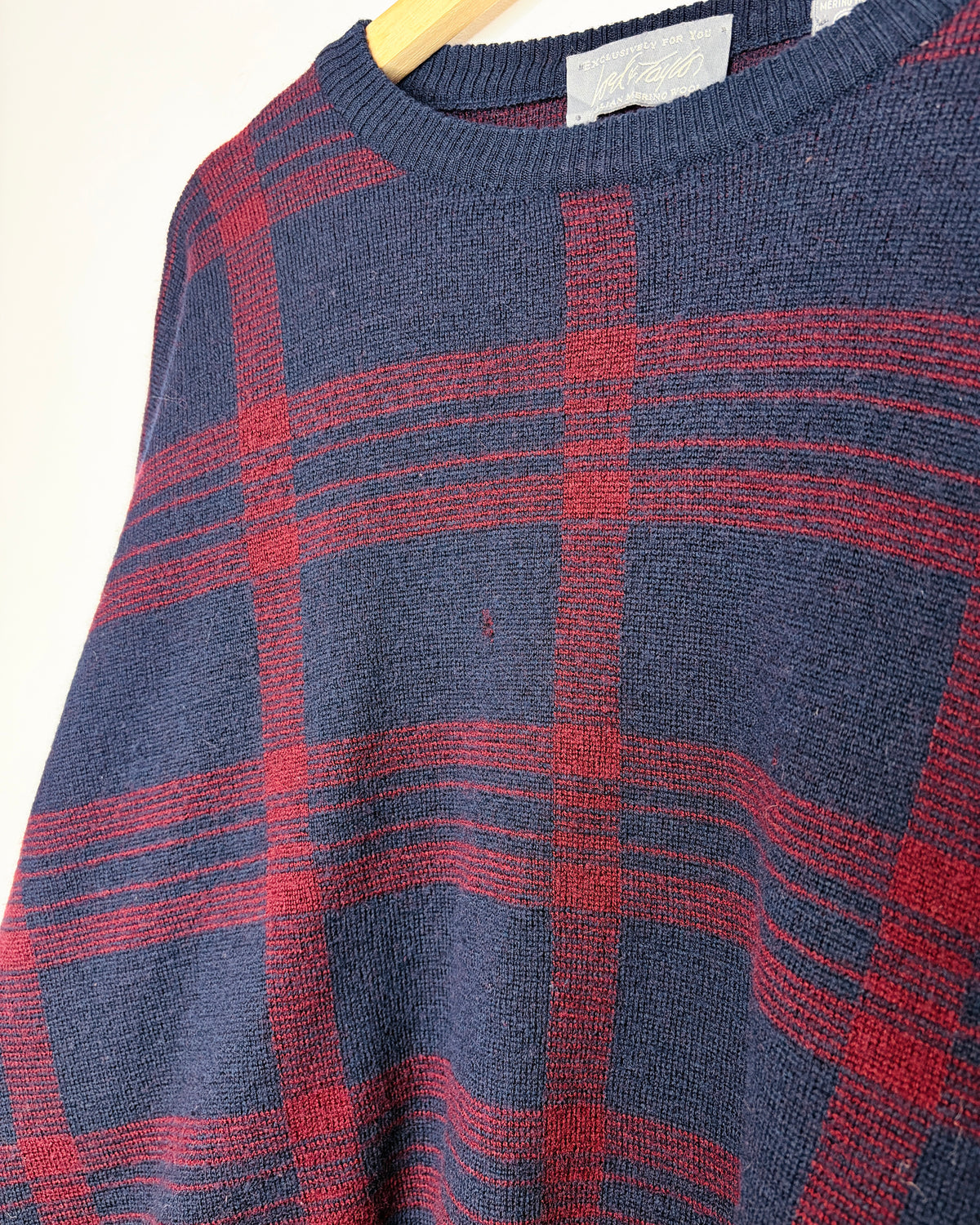 Vintage 90s Boxy & Cropped Fit Italian Merino Wool Navy & Red Sweater