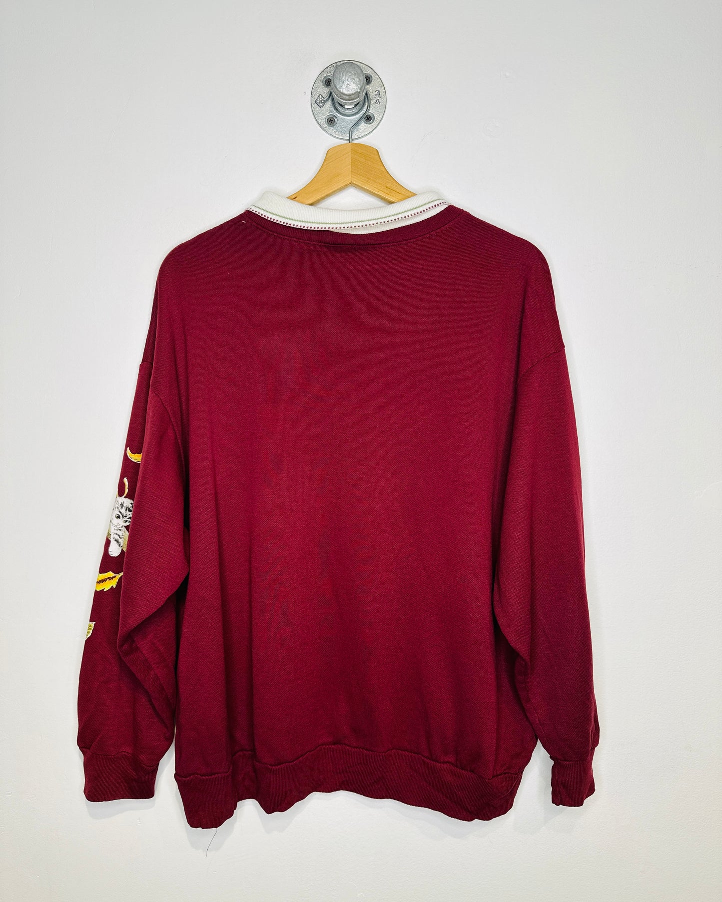 Vintage 1990s Kitten And Stool Polo Collar Layered Burgundy Polyester Sweatshirt