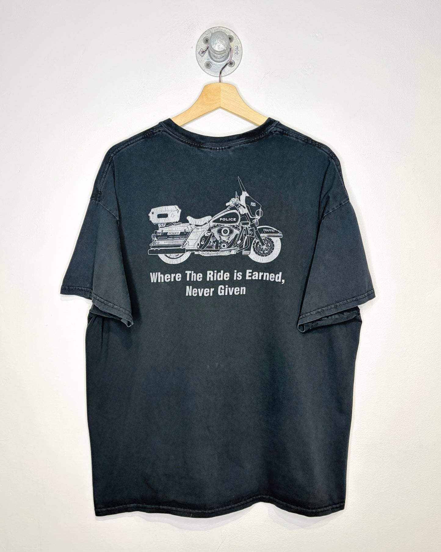 2000s Police Harley Davidson Where The Ride Is Earned, Never Given Black Tee Shirt