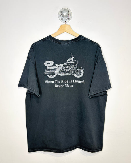 2000s Police Harley Davidson Where The Ride Is Earned, Never Given Black Tee Shirt