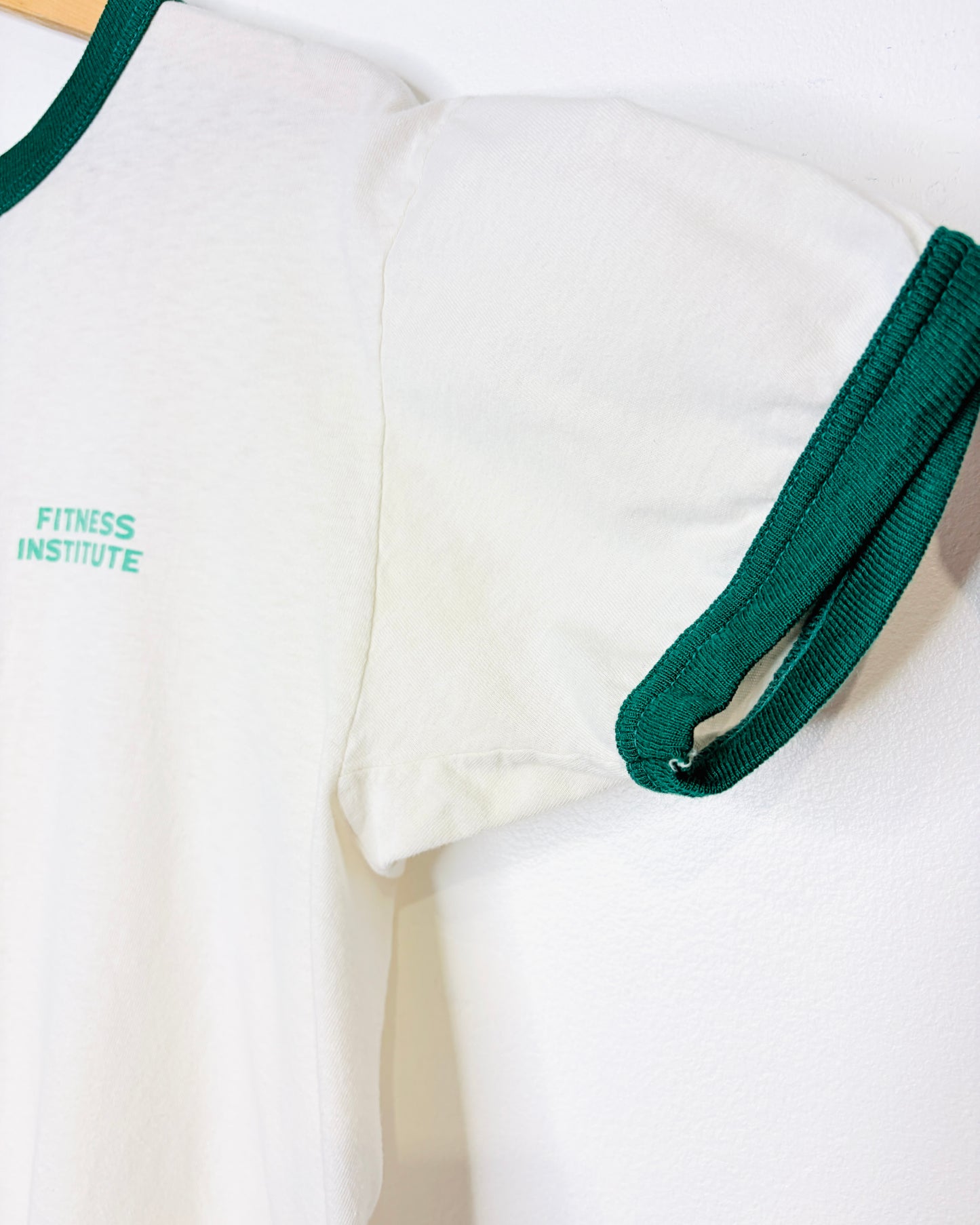 Vintage 1980s Fitness Institute Green Ringer White Tee Shirt