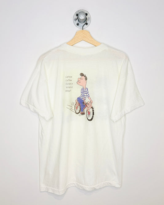 Vintage 90s “Please Caffeine Kick In!” Paper Thin White Tee Shirt