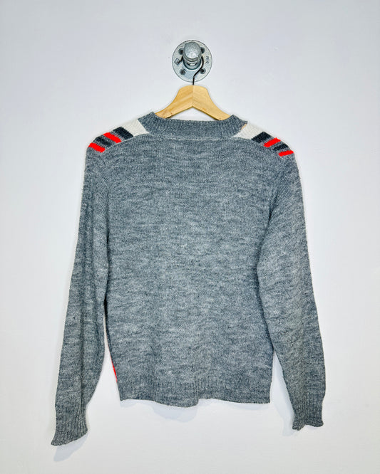Vintage 1980s Grey, White, And Red Cardigan
