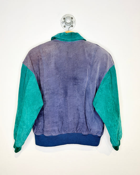 Vintage 90s Adventure Bound TwoTone Purple & Green Velvet Bomber Jacket
