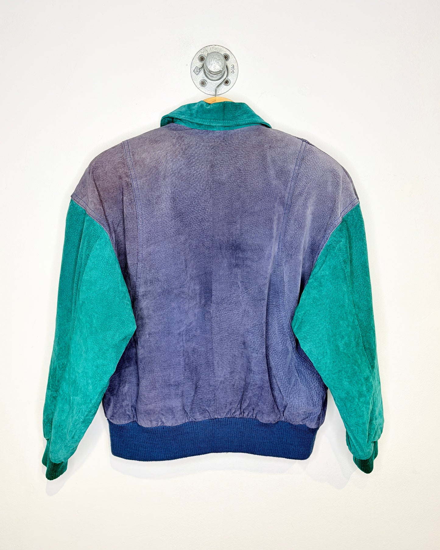 Vintage 90s Adventure Bound TwoTone Purple & Green Velvet Bomber Jacket