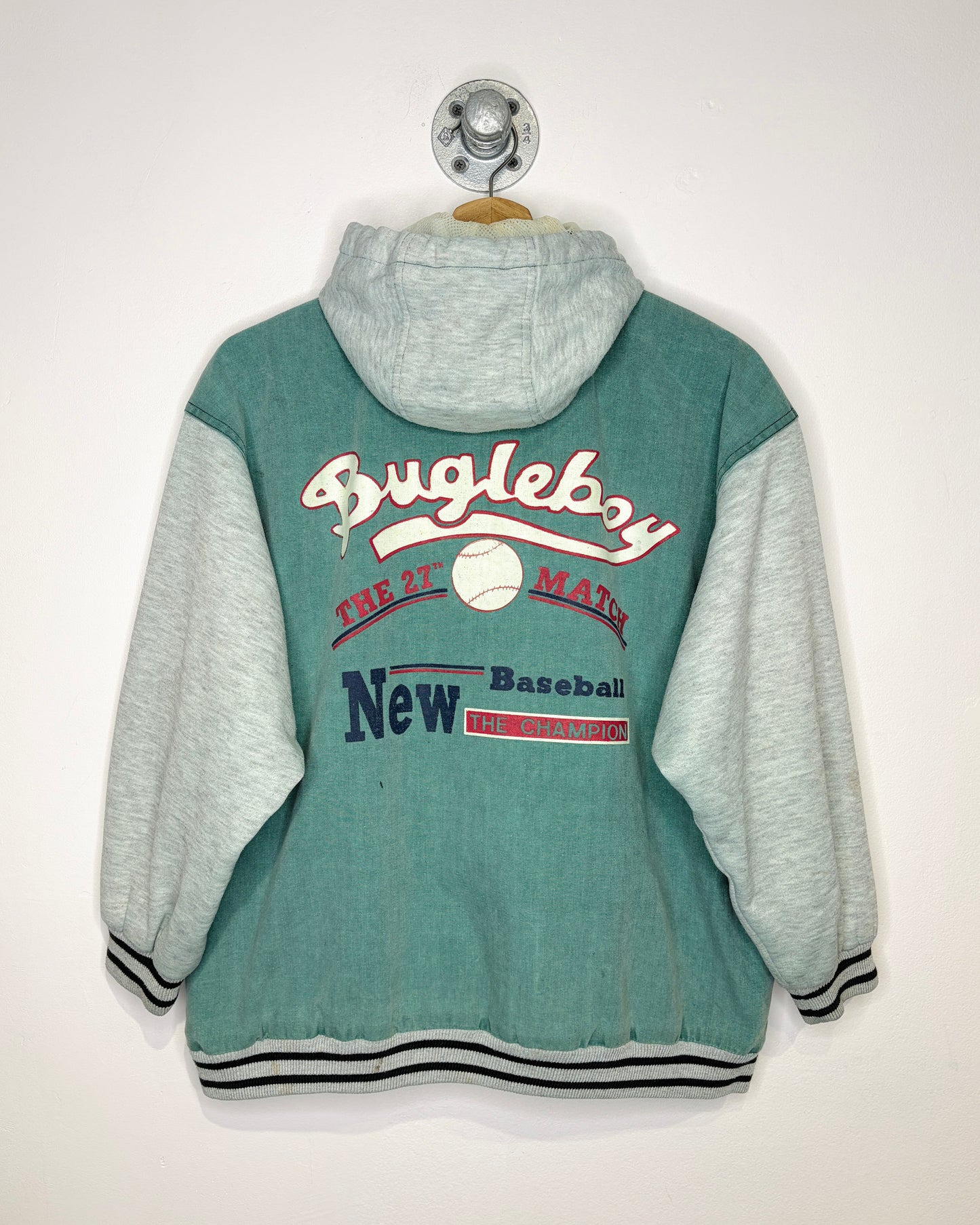 Vintage 90s Bugle Boy Baseball Club TwoTone Green Hooded Jacket