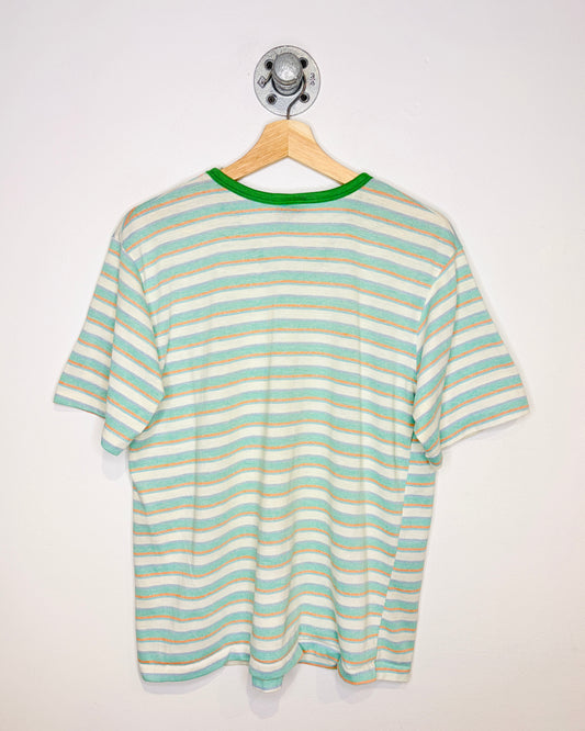 Vintage 90s Women’s Green & White Striped V-Neck Tee Shirt
