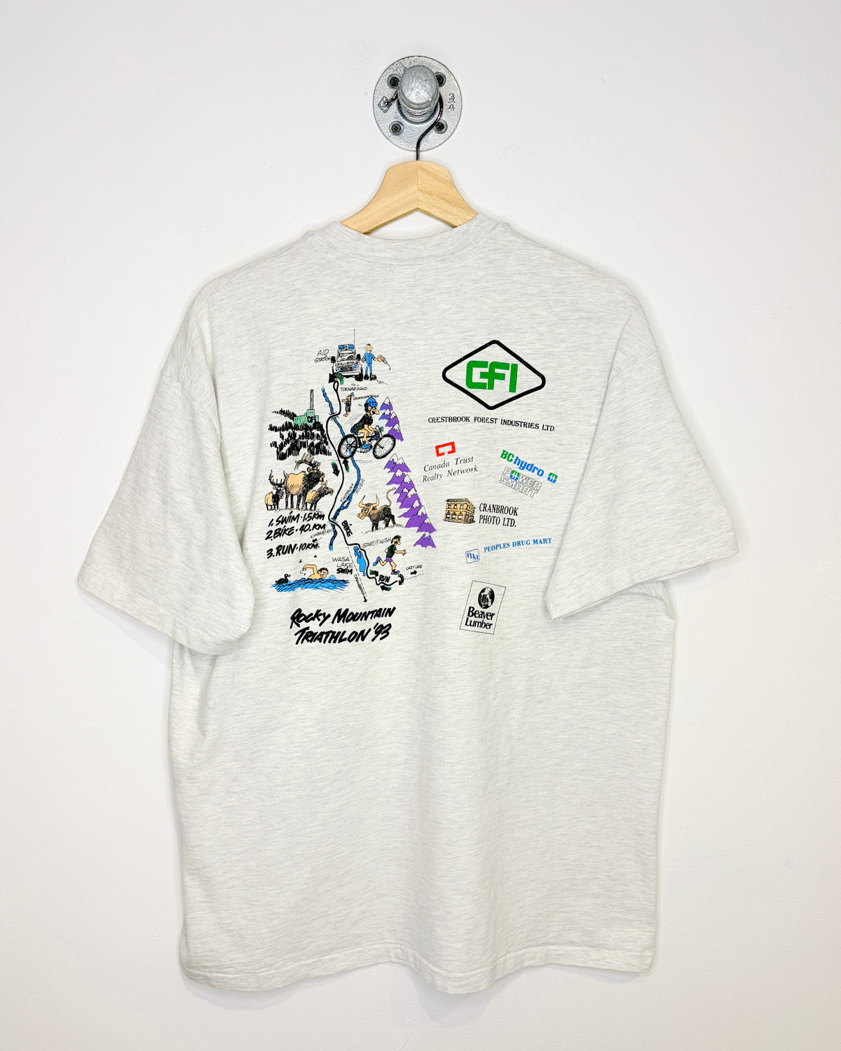 Vintage 1993 Wasa Lake Rocky Mountain Triathlon Ash Grey Tee Shirt