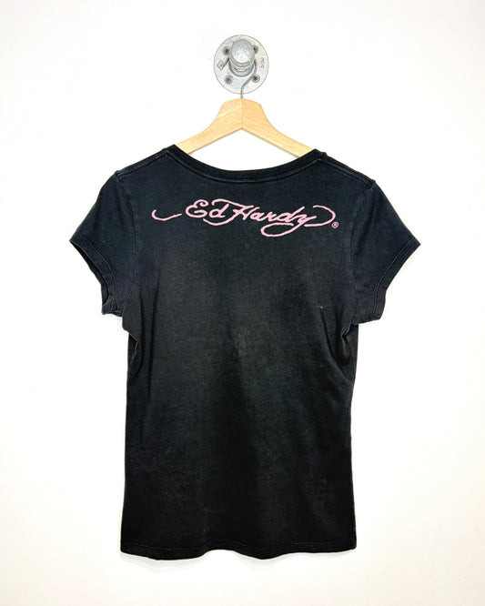 Y2K Women’s Ed Hardy Embroidered Black V-Neck Shirt