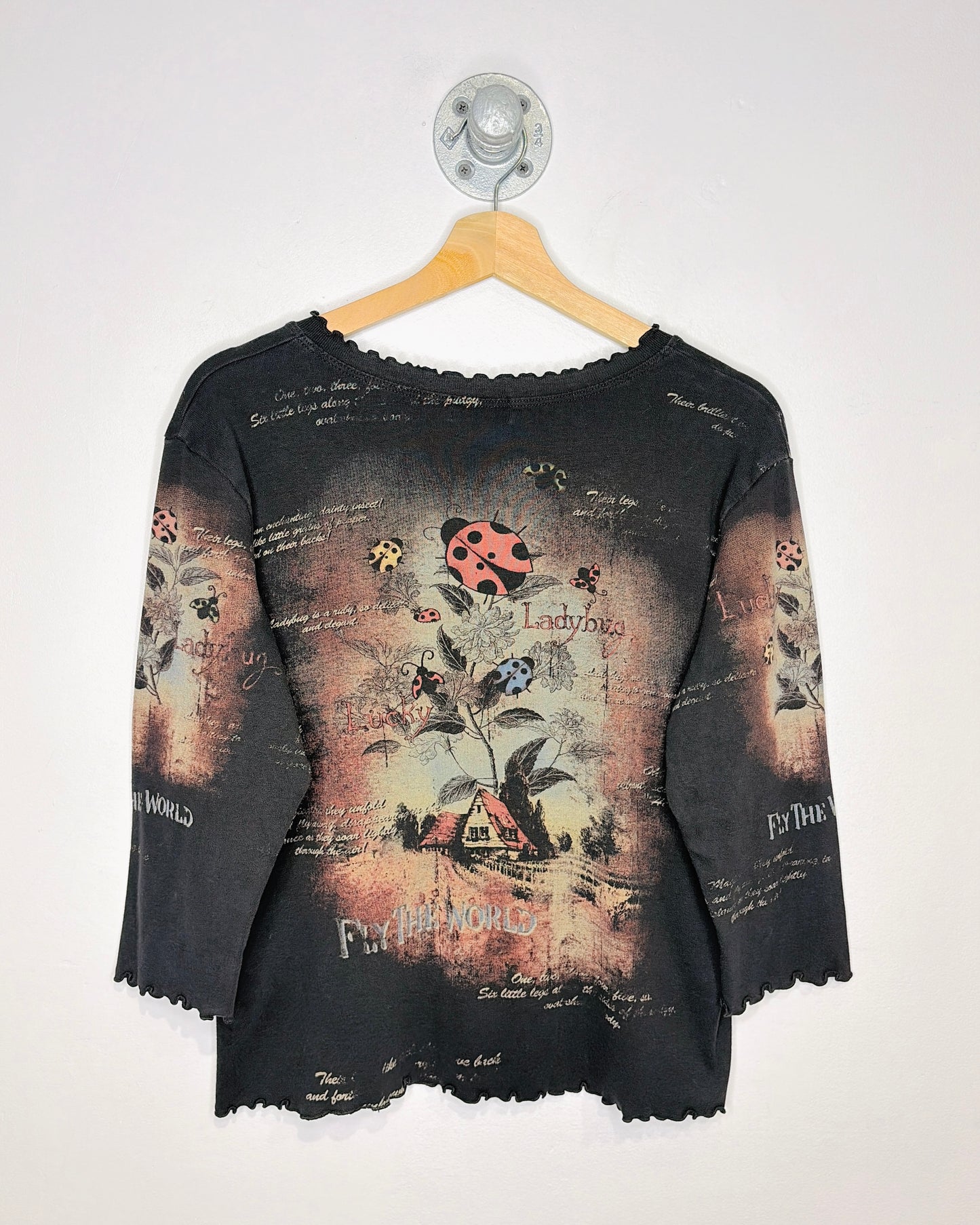 Lady Bug “Fly The World” Rhinestone Black Graphic Print Tee Shirt