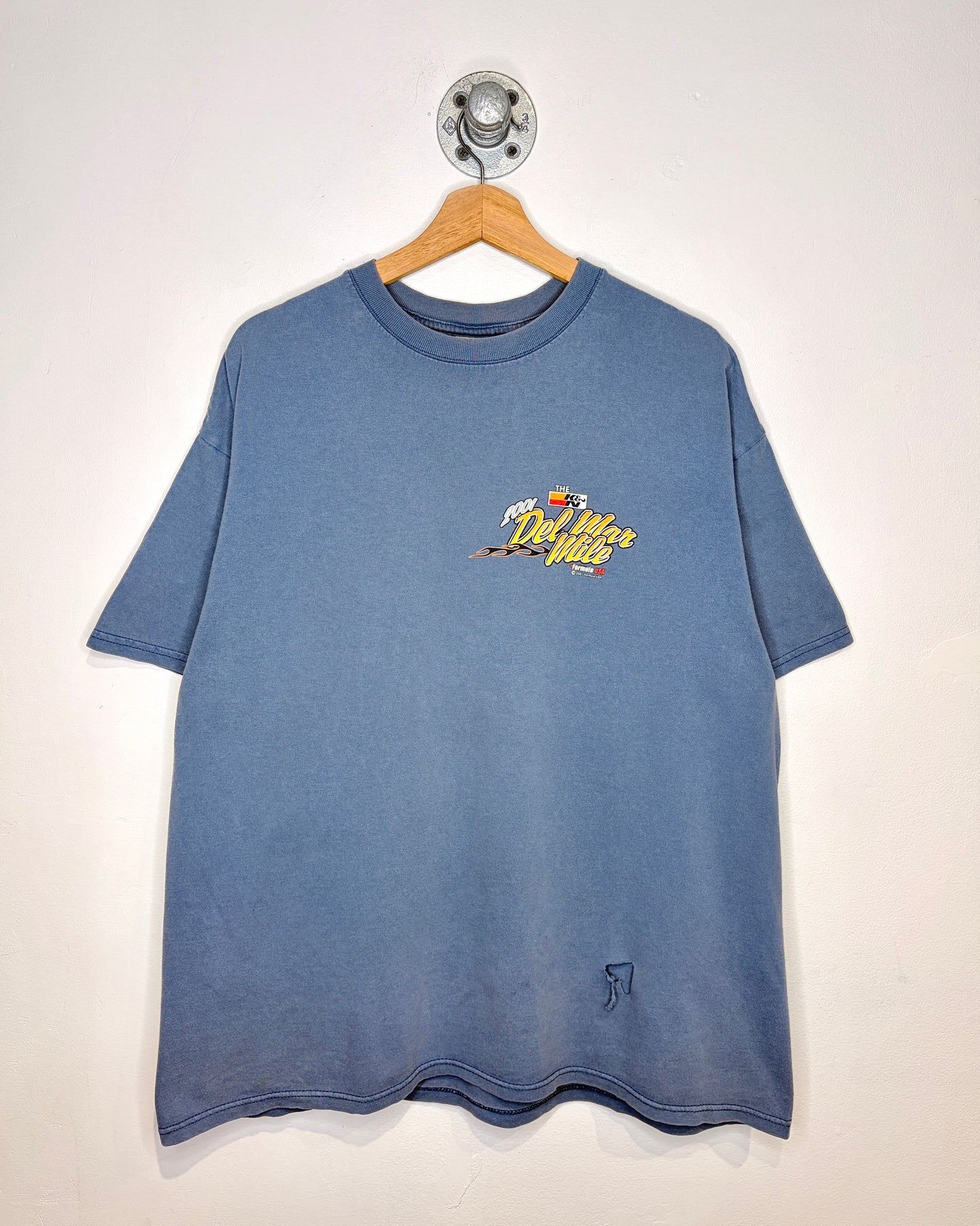 Vintage 2001 Del Mar Mile Moto Faded Slate Blue Tee Shirt