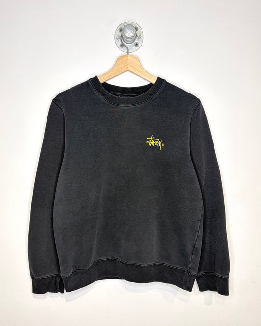 2000s Stussy Gold Logo Faded Black Crewneck Sweatshirt