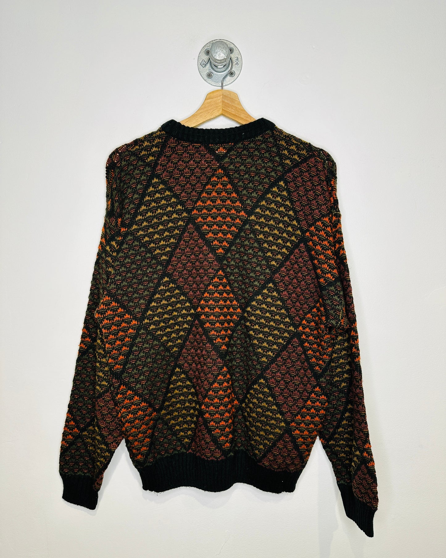 Vintage 1980s The Men’s Store Geometric Patterned Orange And Black Acrylic Sweater