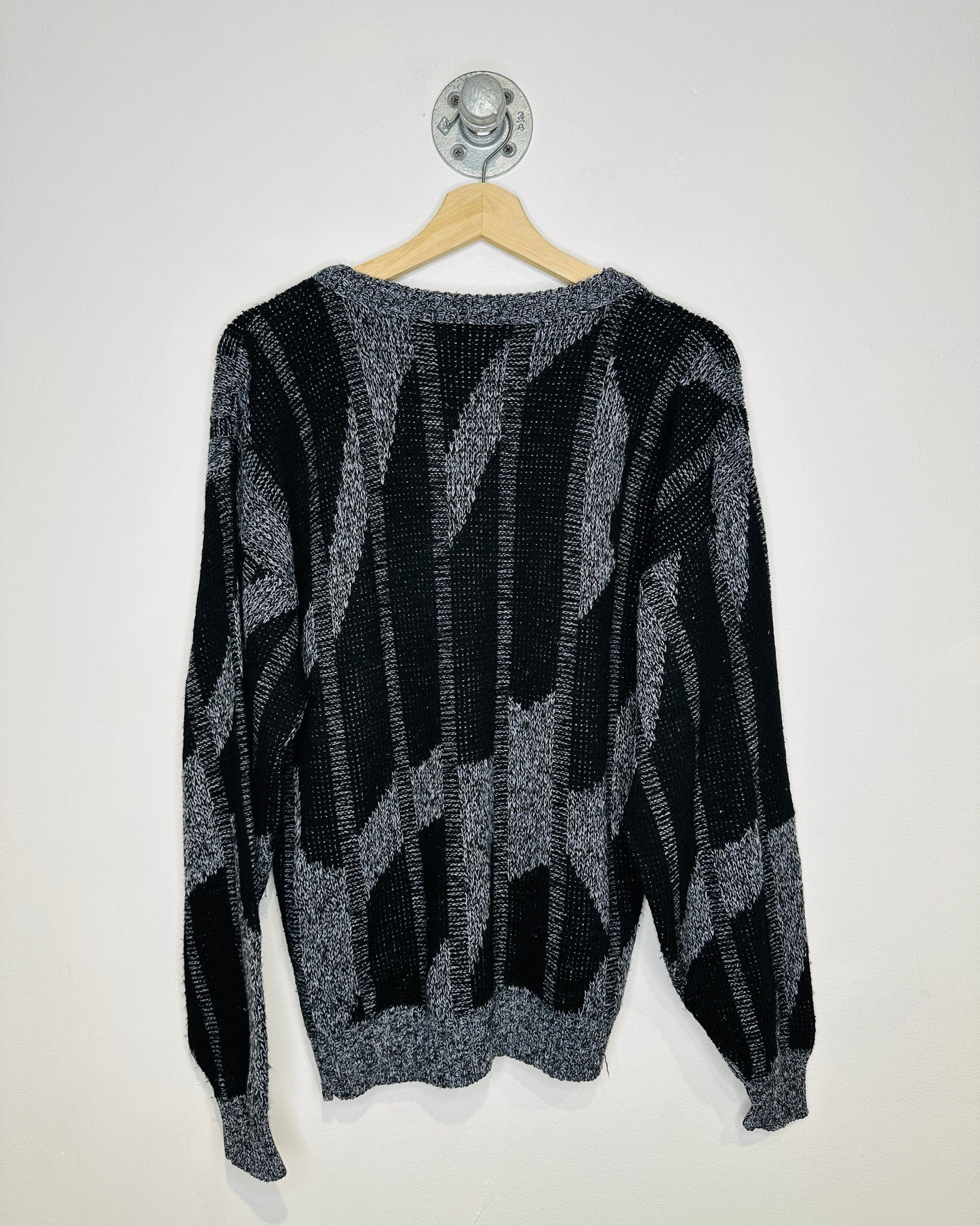 Vintage 1980s New Era Black And Grey Geometric Patterned Acrylic Sweater
