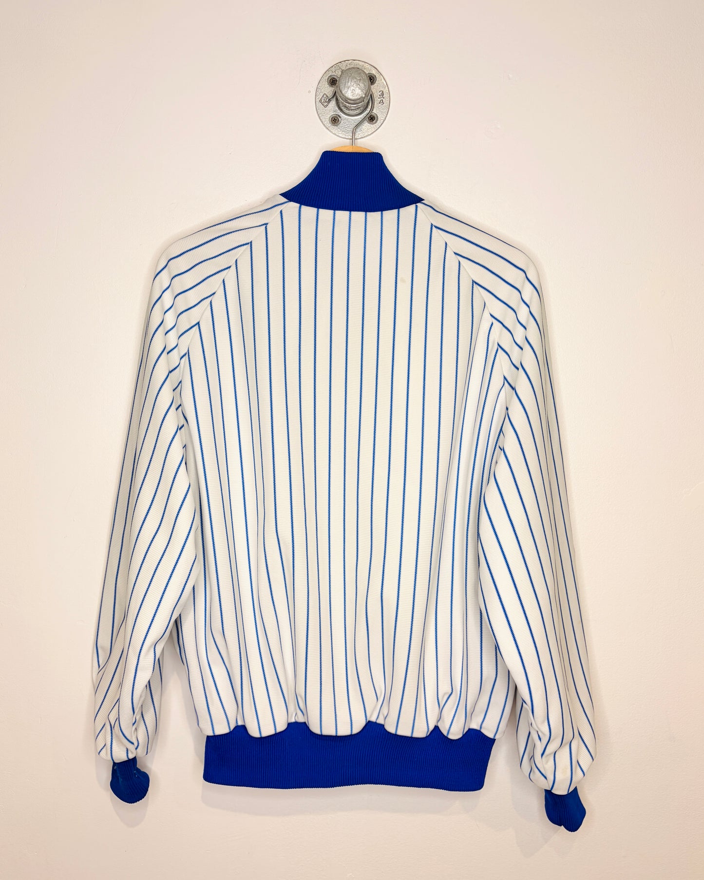 Vintage 90s DeLong Pinstriped White & Blue Varsity Jacket