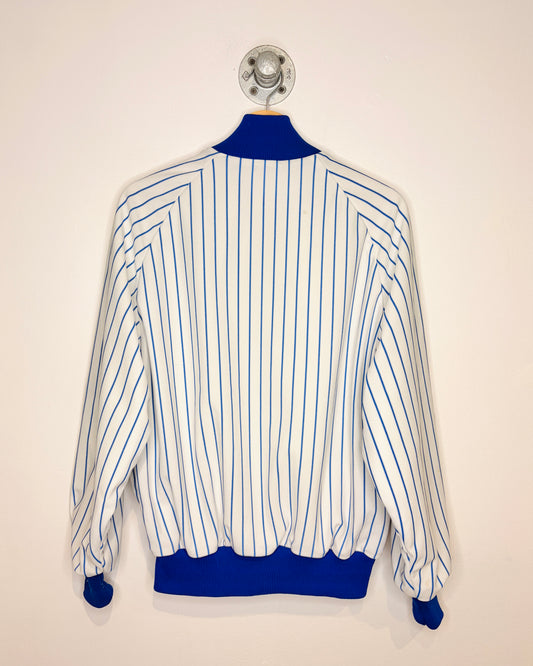Vintage 90s DeLong Pinstriped White & Blue Varsity Jacket