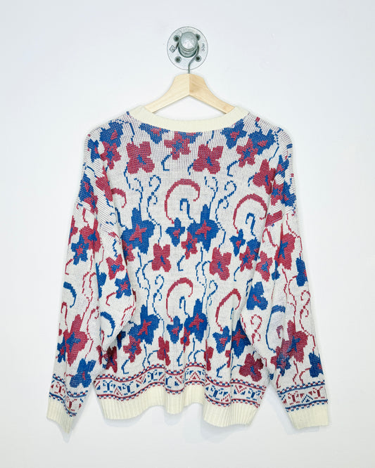 Vintage 90s White, Blue & Red Abstract Knit Sweater