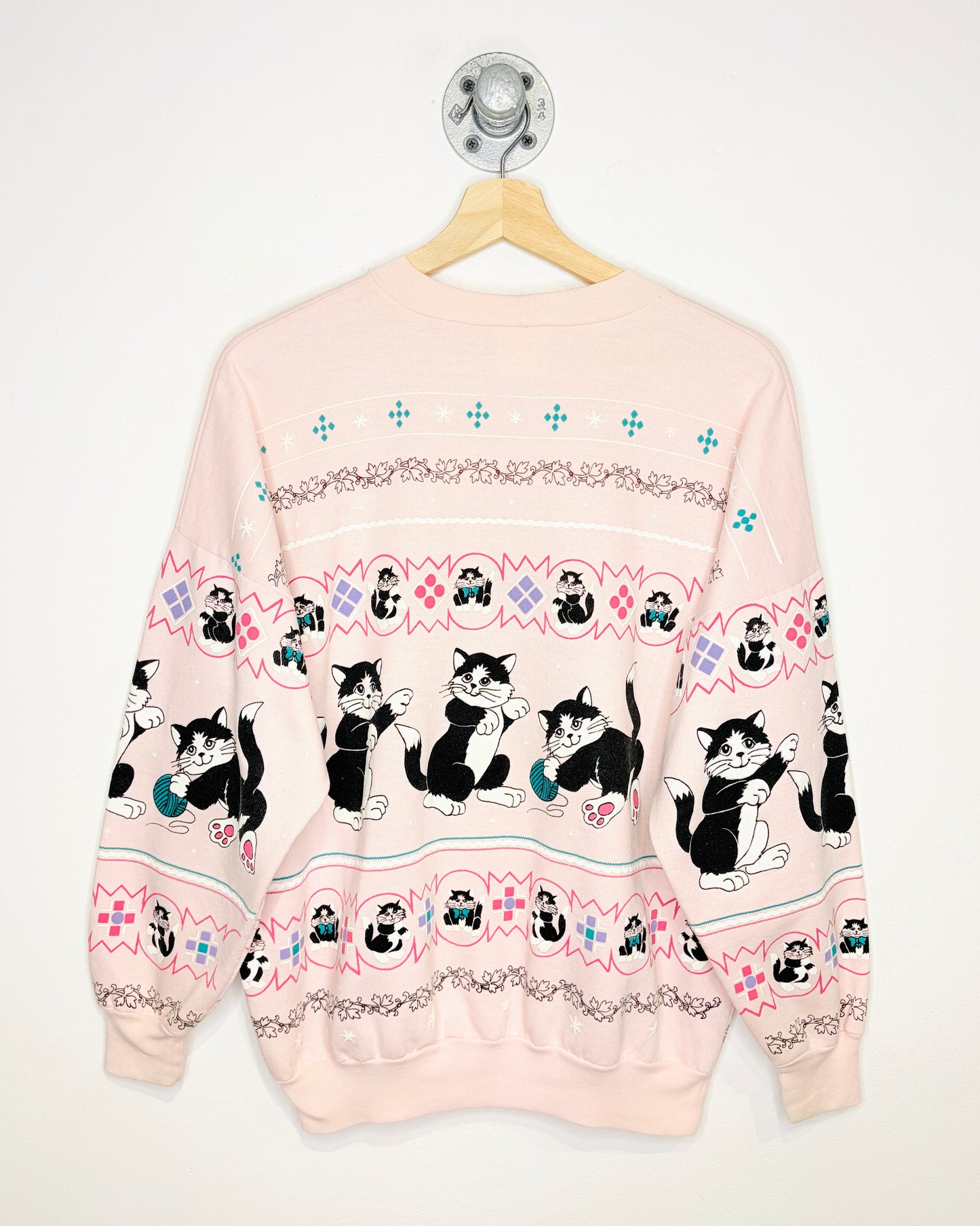 Vintage 1980s Kitten All Over Print Pink Crewneck Sweatshirt