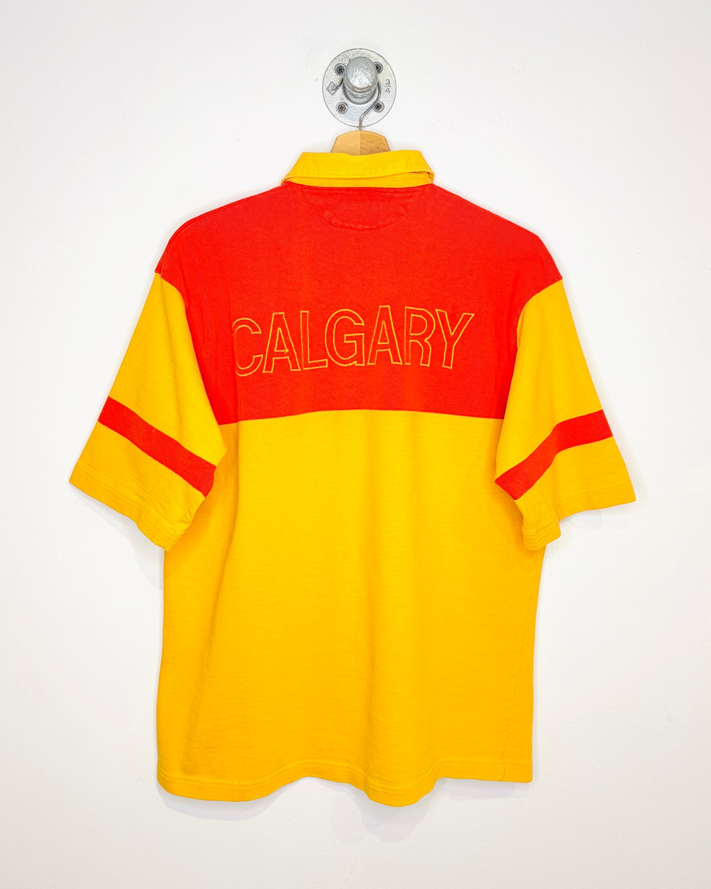 Vintage 90s Barbarian University Of Calgary Swim Club TwoTone Red & Yellow Rugby Shirt