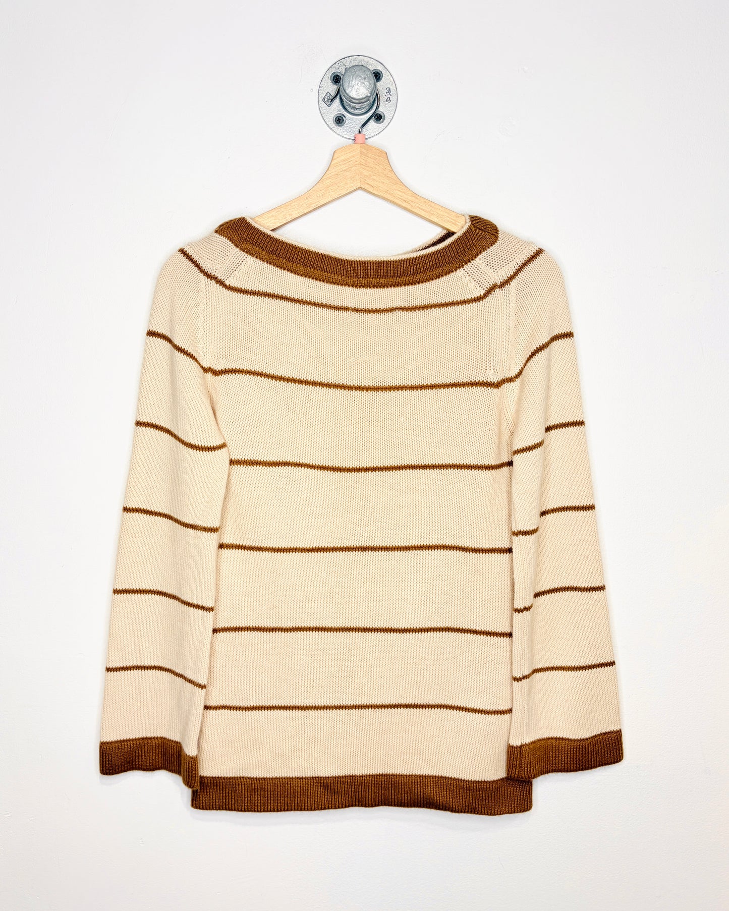 Vintage 1970s Beige And Brown Striped Acrylic Boat Neck Sweater